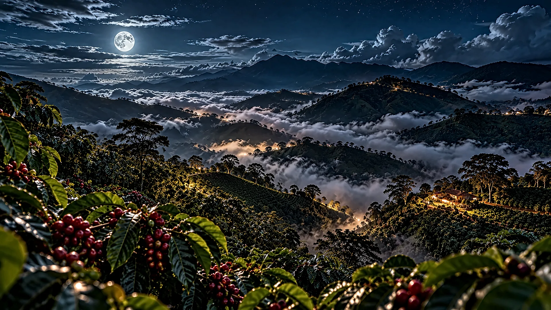 Montañas cafeteras del Tolima bajo la luna, con mar de nubes